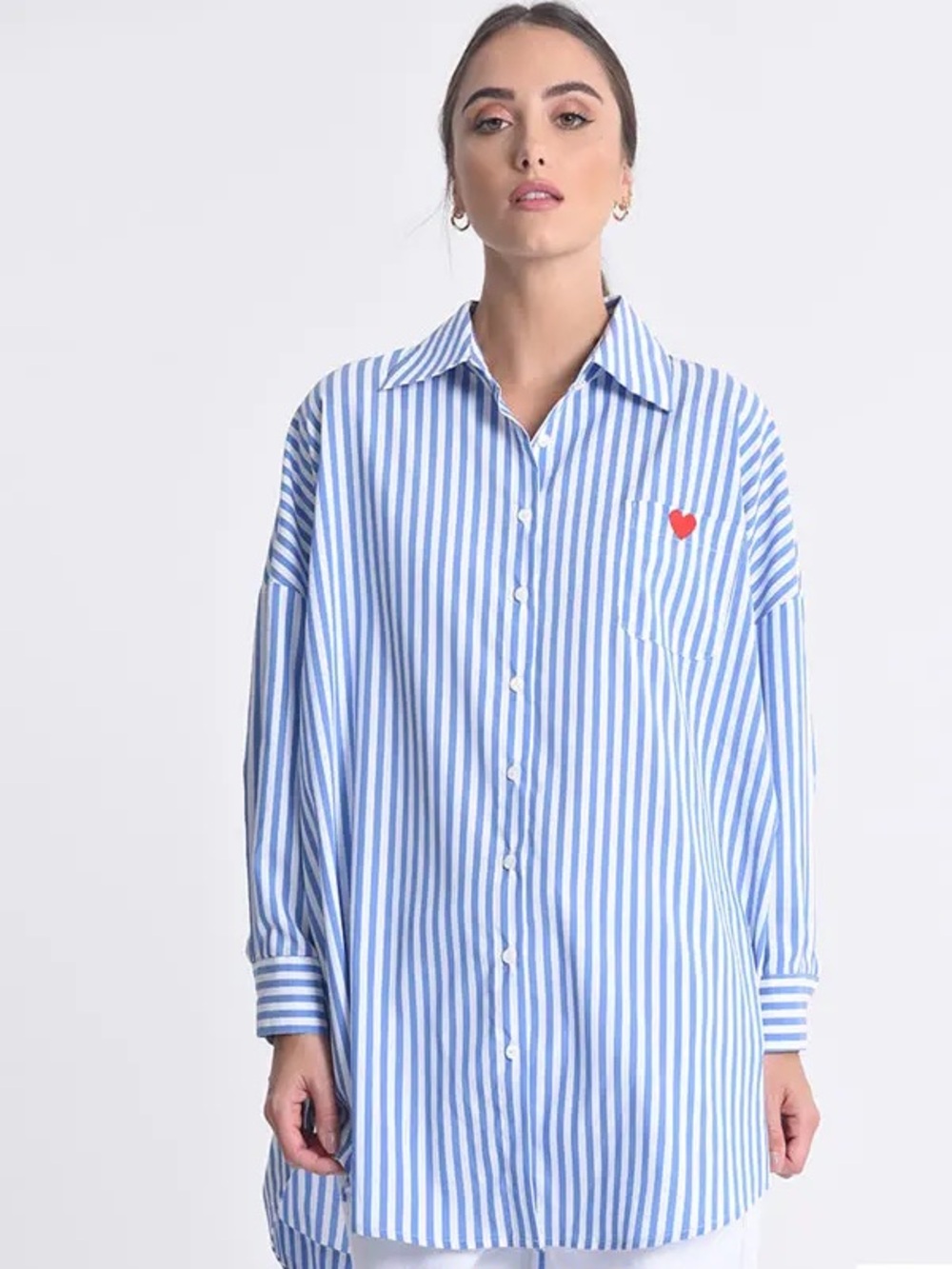 Molly Bracken Blue and White Striped Button-Down  with Red Heart with pockets